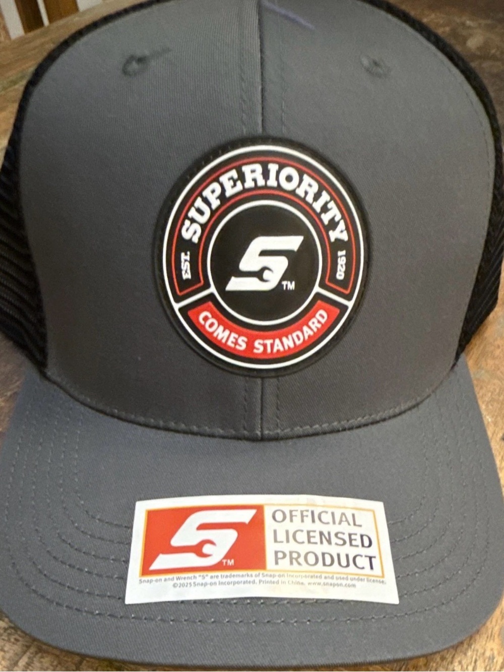 Snap Grey and Black Trucker Cap with Red Logo Patch